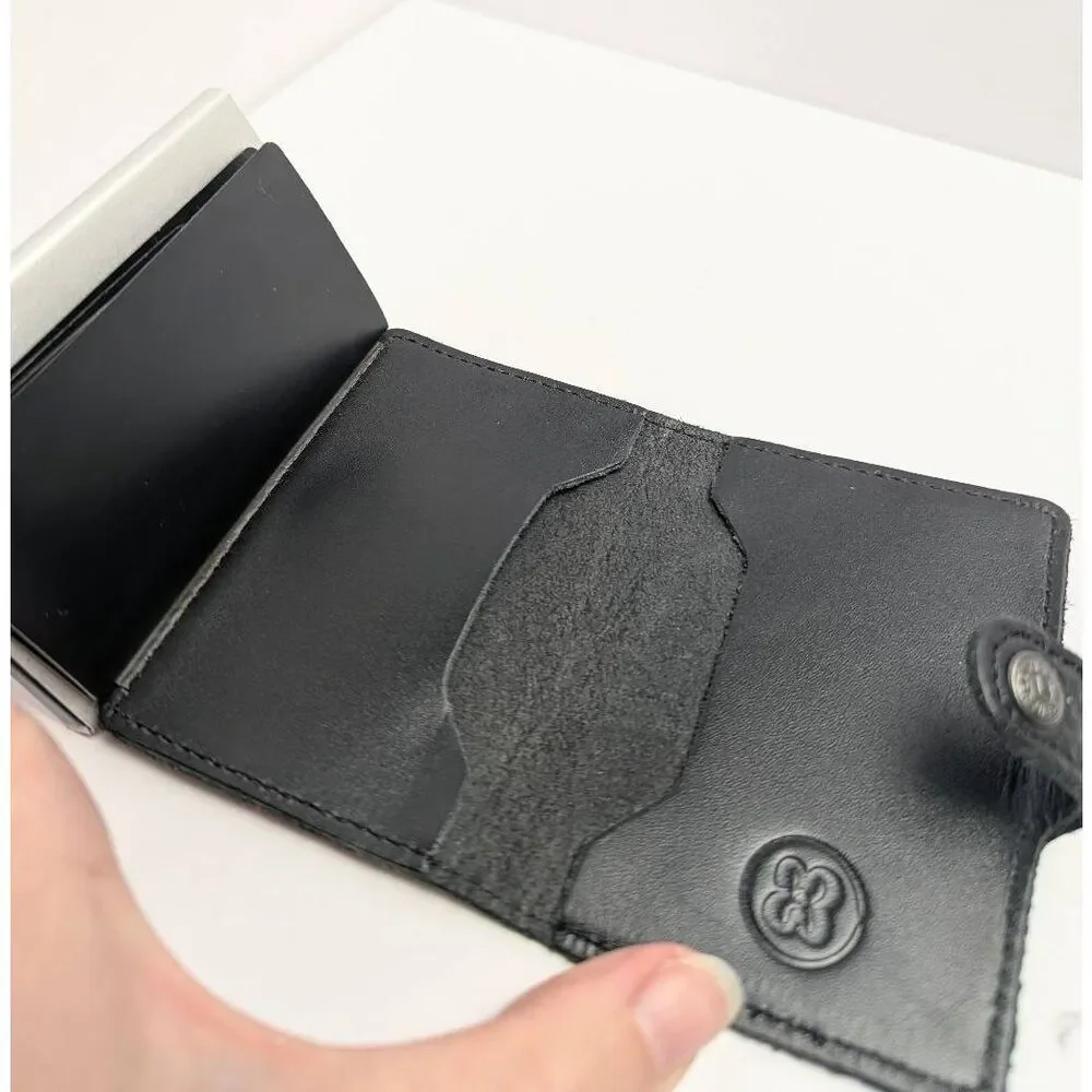 Vertue black & silver popup card button wallet with leather outer case
